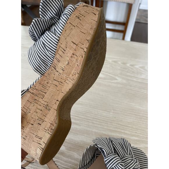 Kate Spade Julep Canvas & Cork Platform Wedge Sandal Blue Stripe Ankle Strap 8.5 - Picture 5 of 8